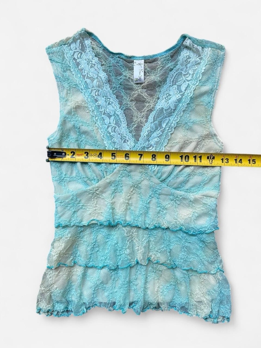 Free Lunch Y2k Fairycore Whimsy Blue Yellow Lace Ruffle Tier Top Lace V-Neck Sm - Picture 7 of 7